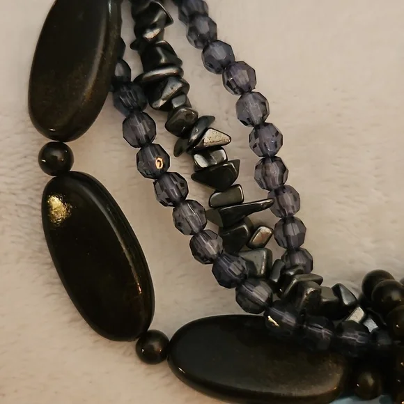 Vtg Twisted Multi-strand Acrylic Hematite Beaded Shell Pendant Festival Necklace - Picture 4 of 7
